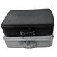 Stacked zippered hard-shell carry cases with EVA-style exterior in black and gray