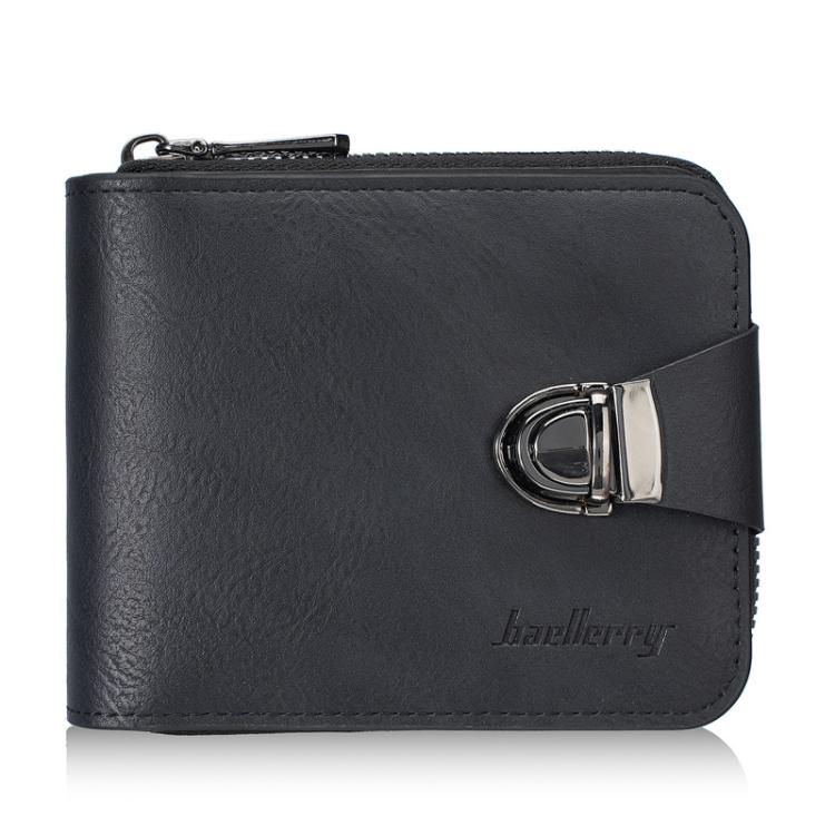 Men's black compact leather wallet with zip coin pocket and metal clasp closure