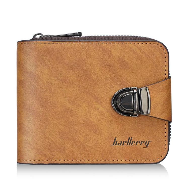 Men's light brown compact leather wallet with zip coin pocket and metal clasp closure