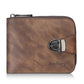 Men's dark brown compact leather wallet with zip coin pocket and metal clasp closure