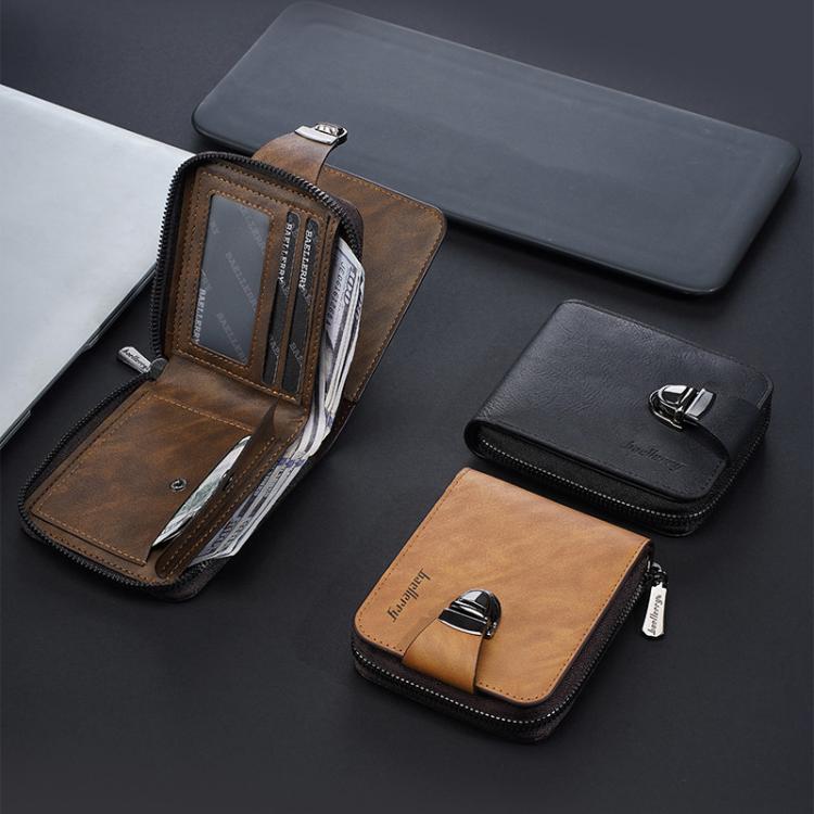 Men's compact wallet with zip coin pocket and card slots, shown open