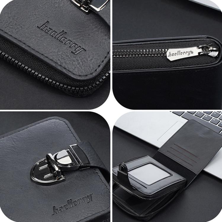 Black compact wallet close-up: metal clasp, zip pull, and embossed brand logo