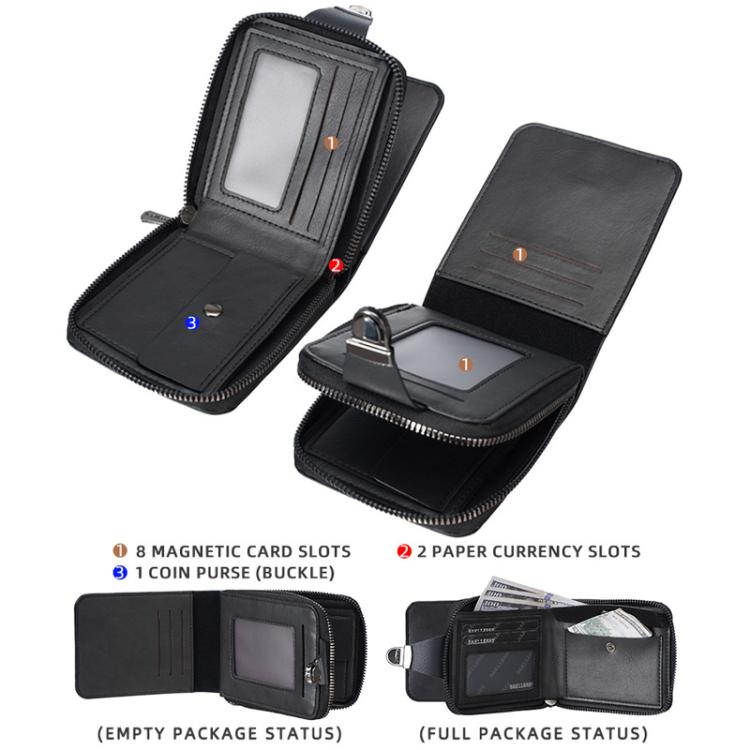 Open black compact wallet showing card slots, currency pocket, and zip coin section