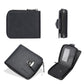 Black compact wallet with zip coin pocket and metal clasp; front and open views