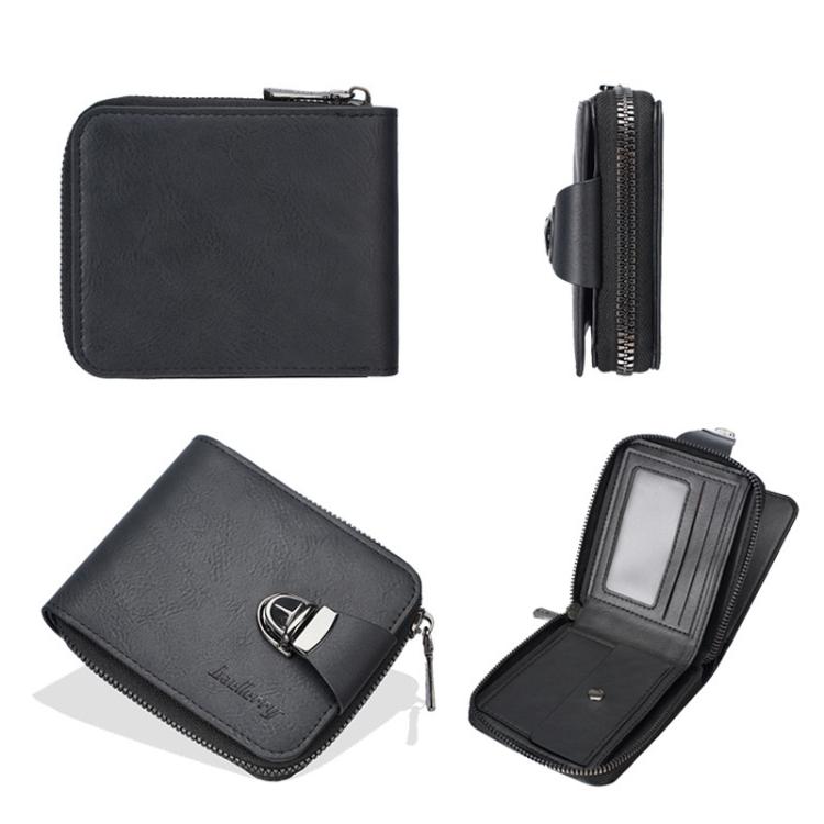 Black compact wallet with zip coin pocket and metal clasp; front and open views