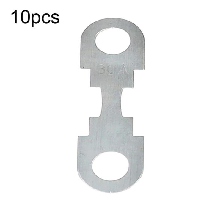 Automotive bolt-down flat fuse link, stamped 30A, silver metal with two mounting holes