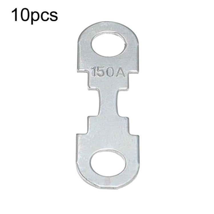 Automotive bolt-down flat fuse link, stamped 150A, silver metal with two mounting holes