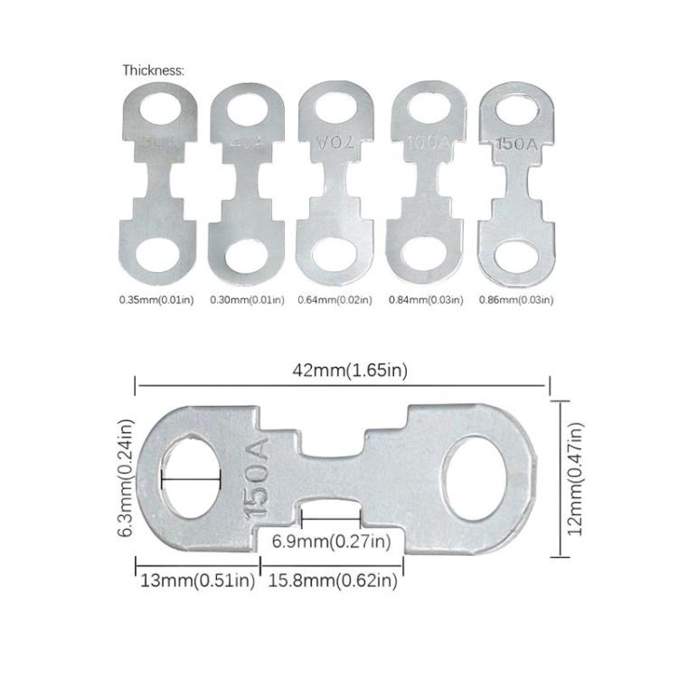 Automotive fuse link dimensions chart: thickness 0.35mm, length 42mm, width 12mm, holes shown