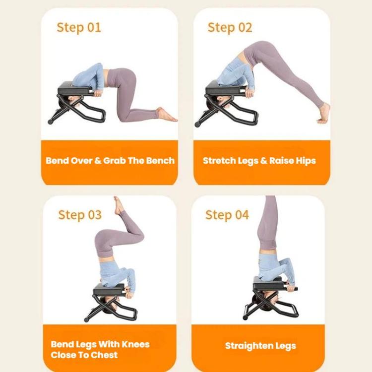 Foldable yoga inversion bench step guide graphic showing bench setup positions