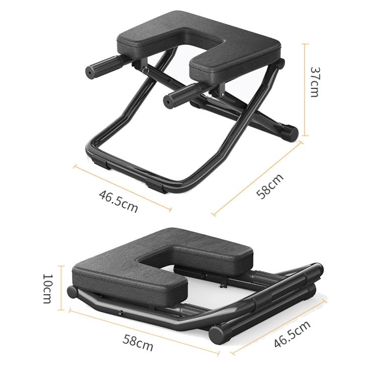 Foldable yoga inversion bench with gray pads and black frame with shown dimensions