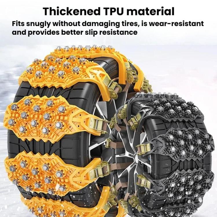 Pair of anti-skid tire chains: yellow and dark/black studded tracks with straps