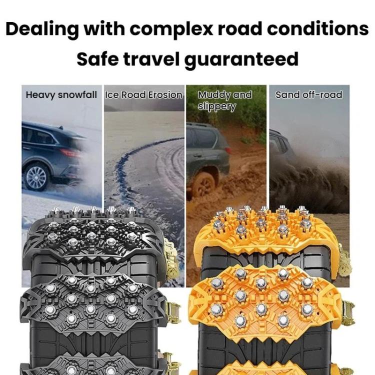 Studded ice-traction tire chains in black and yellow with ratchet straps