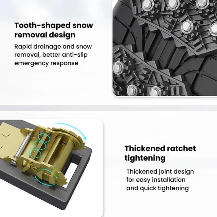 Tooth-shaped tread traction pattern on black tire chain pads and ratchet detail