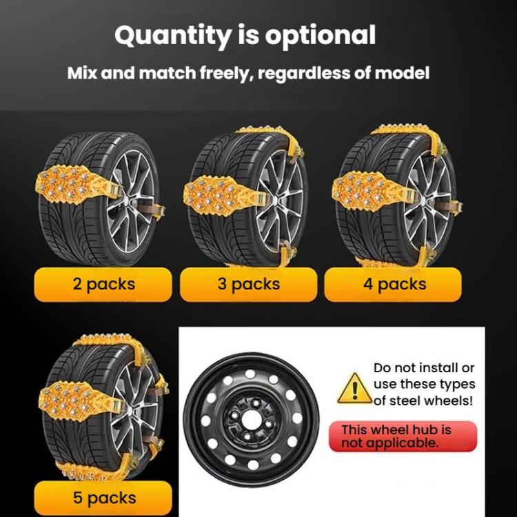 Orange and black tire chains on wheels, shown for different pack quantities