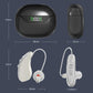 Dual behind-the-ear hearing aids and charging case with size diagram for fit