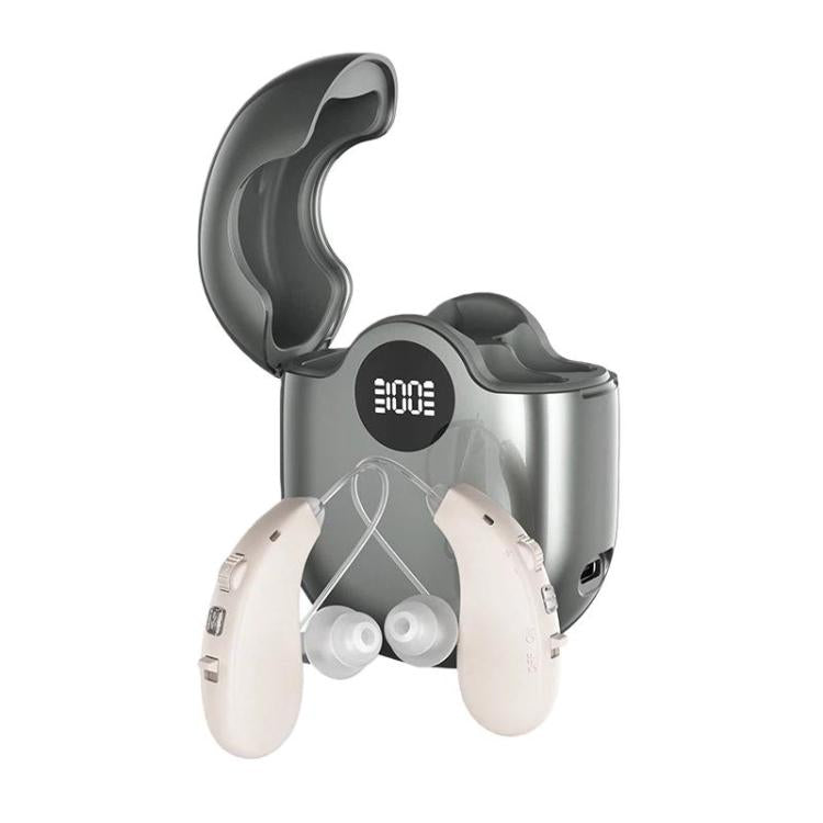 Dual BTE hearing aids with charging case, shown with white ear pieces and display