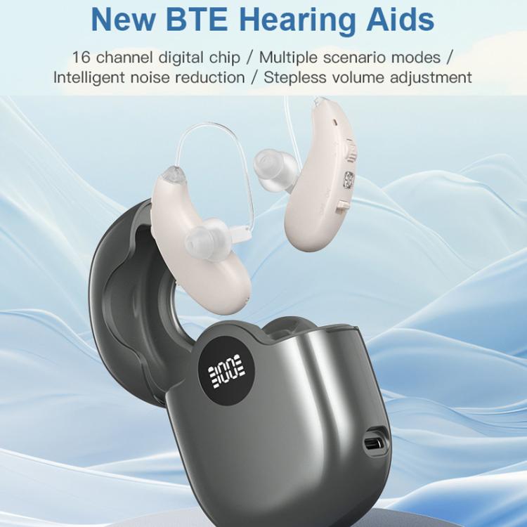 Dual BTE hearing aids with charging case; white ear pieces with dark charging dock