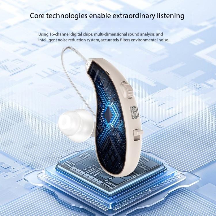 BTE hearing aid with charging case dock, showing front speaker grille and controls