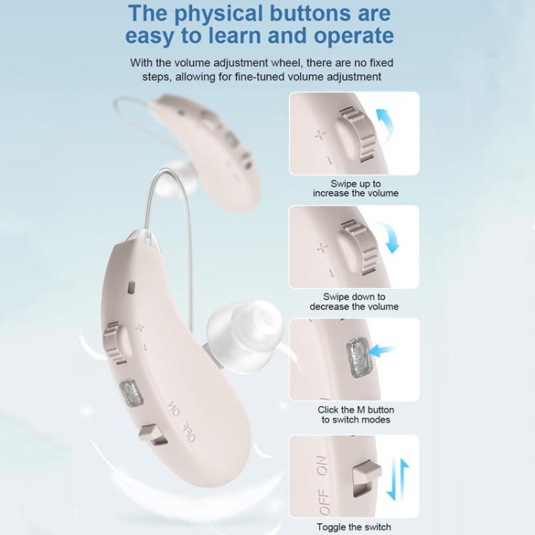 White BTE hearing aid with front microphone and volume control buttons