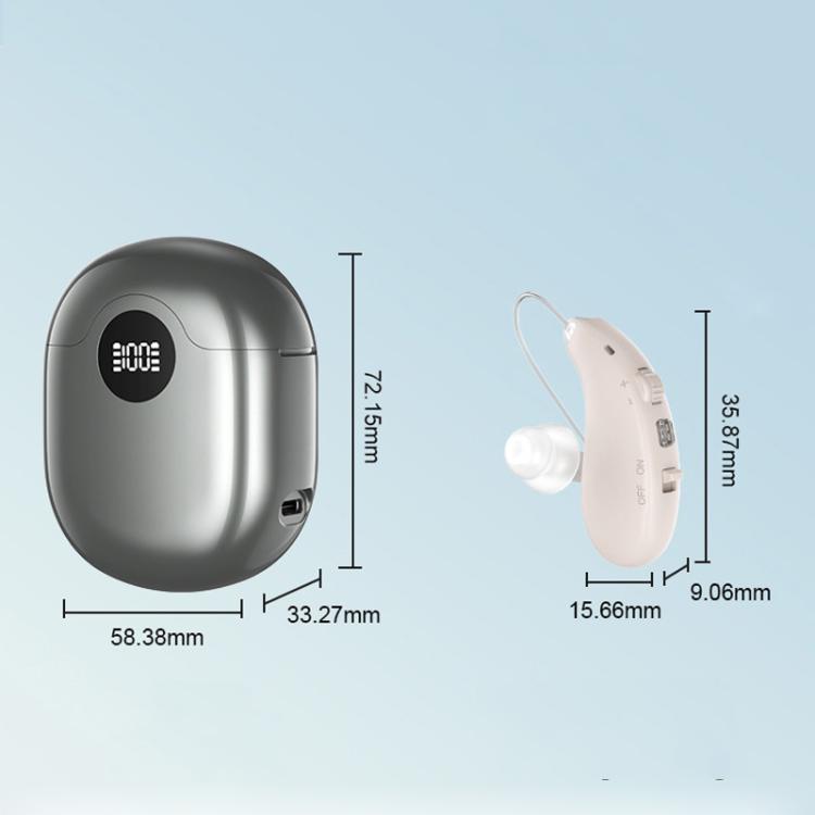 Charging case and BTE hearing aid size comparison with key dimensions