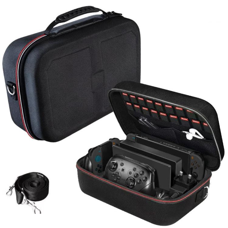 Hard shell gaming carry case, black with red piping, zipper opening to reveal inner compartment