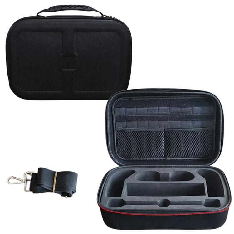 Hard shell gaming case with top handle, black exterior, open lid with divider tray
