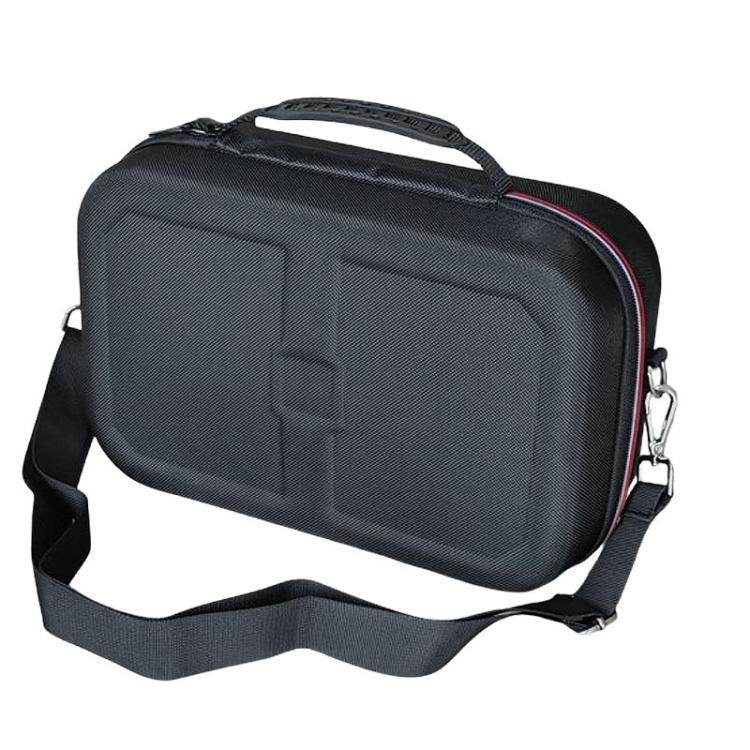 Hard shell console carrying case, black textured fabric with red trim, top handle and shoulder strap