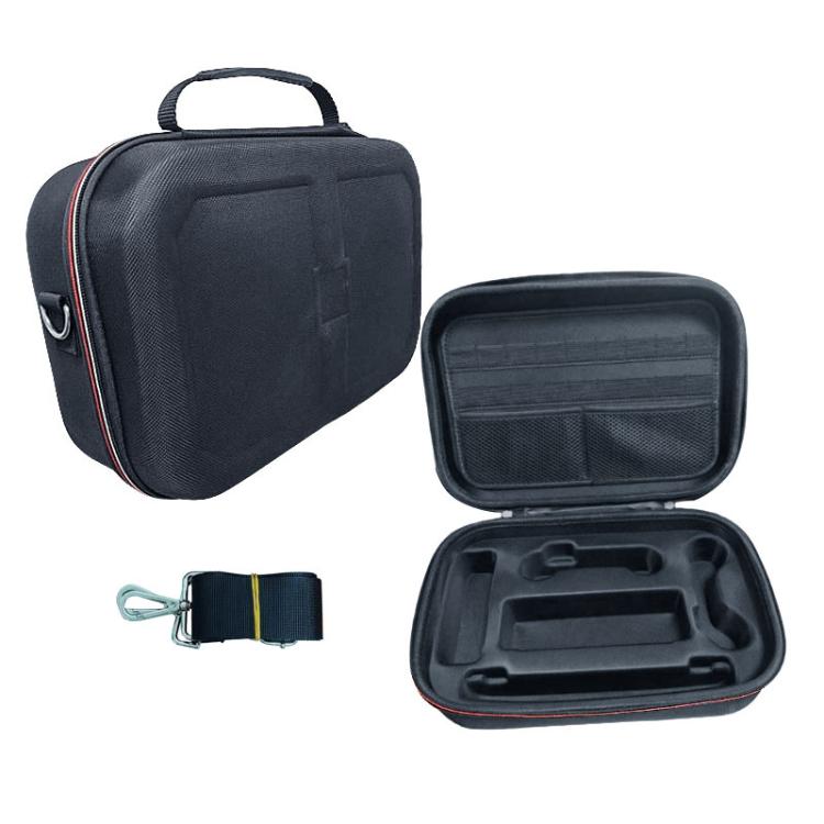 Dark blue hard shell case open with molded interior compartments and zippered lid