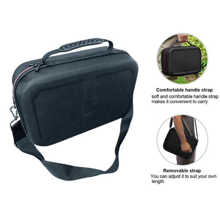 Dark blue carrying case with adjustable shoulder strap and top handle