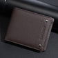 Brown lychee-texture leather compact wallet with snap button closure and stitched panels