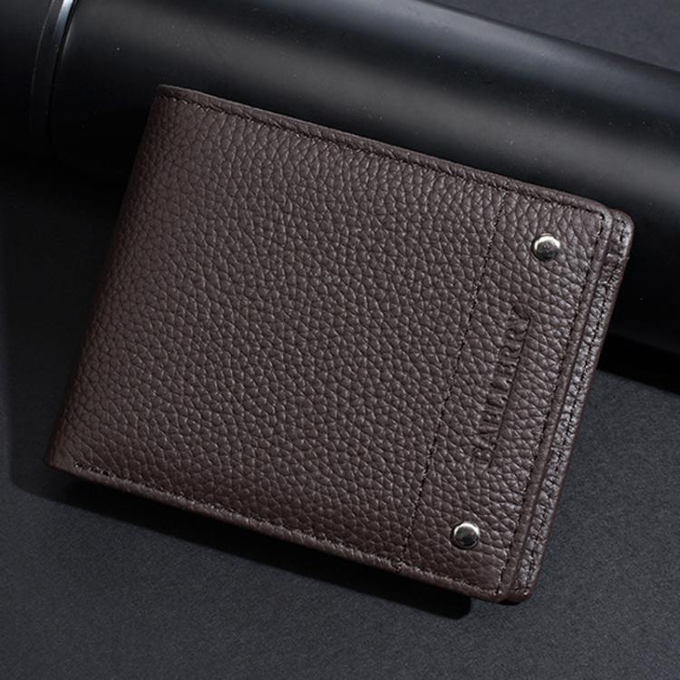 Brown lychee-texture leather compact wallet with snap button closure and stitched panels