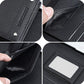Leather compact wallet close-up of interior card slots, lining, and snap hardware