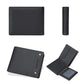 Black leather compact wallet set view: folded wallet, side profile, and open card slots