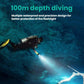 Waterproof diving flashlight with beam shown on a diver in deep water
