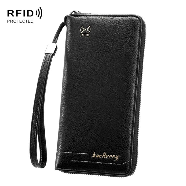 Black RFID zip clutch wallet with wrist strap and textured leather finish