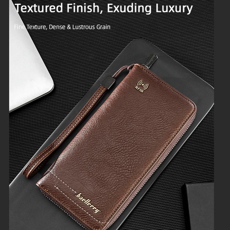 Dark brown RFID zip clutch wallet with textured grain and wrist strap