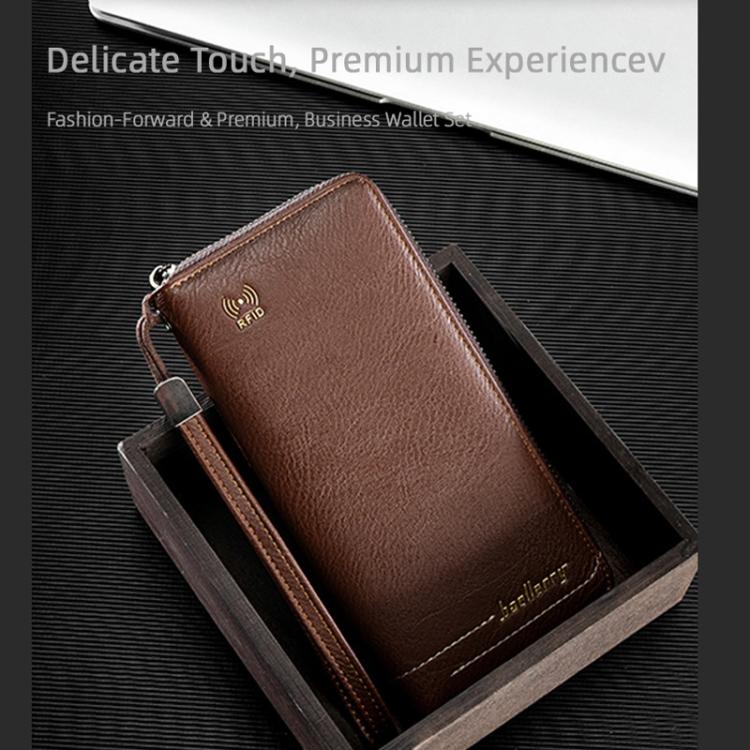 Brown RFID zip clutch wallet with wrist strap and stitched trim