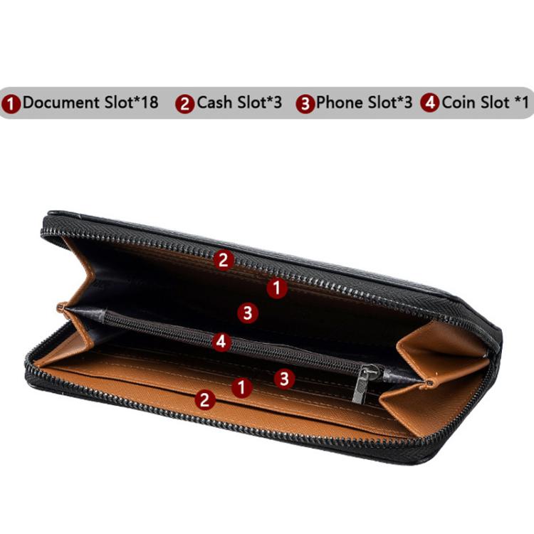 Open RFID zip clutch wallet interior with card slots and coin compartment