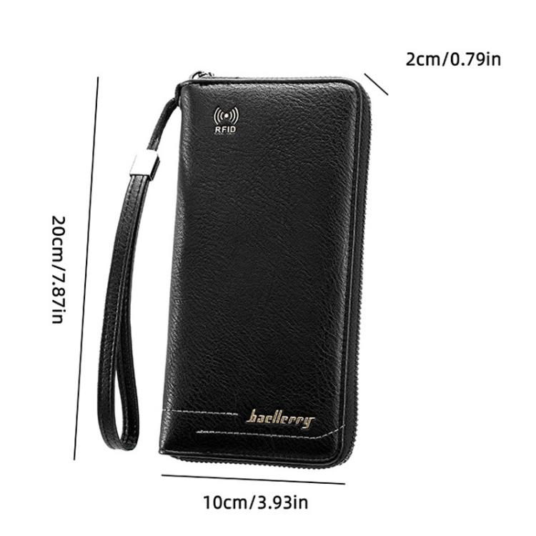 Black RFID zip clutch wallet with wrist strap and textured leather finish