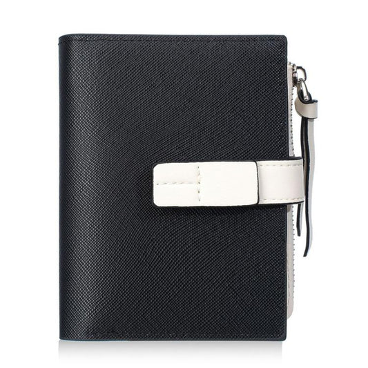 Black compact snap wallet with white tab front and zipper coin pocket pull