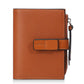 Brown compact snap wallet with tan front tab and side zipper coin pocket pull