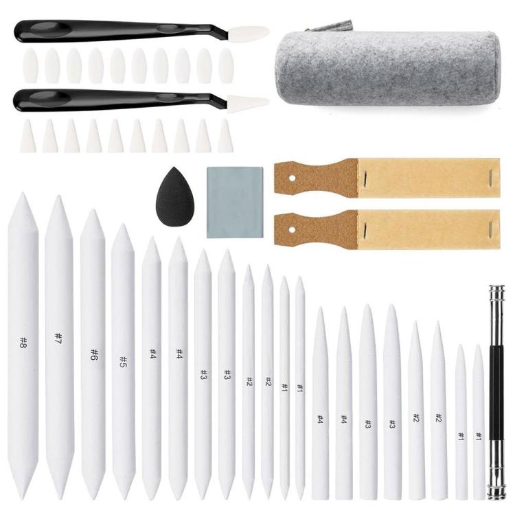 Sketching tool set with blending stumps, white erasers, and sandpaper roll