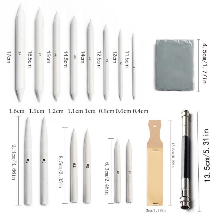 Assorted white sketch pencils with size markings, plus small gray eraser block and strop