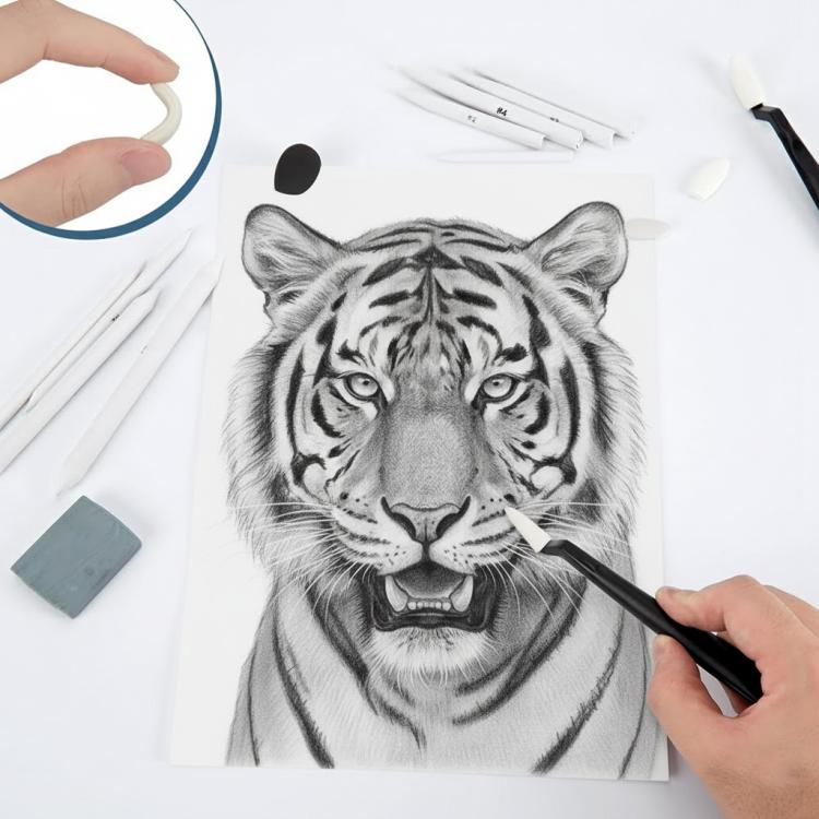 Tiger pencil sketch on paper with shading pencil and blending tools