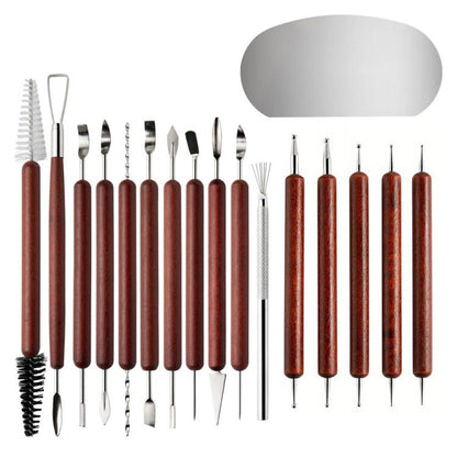 Clay sculpting tool set with rosewood-style handles and stainless steel carving tips