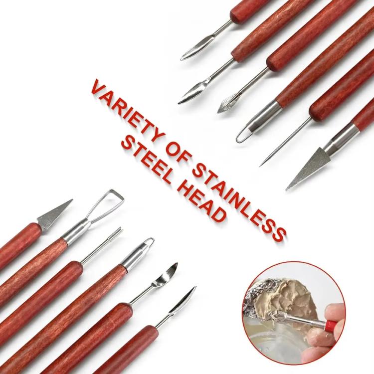 Clay carving tool set with stainless steel head tips and rosewood handles, variety