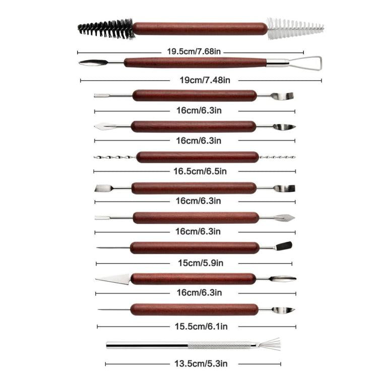 Clay sculpting tool set size chart with rosewood handles and metal carving heads
