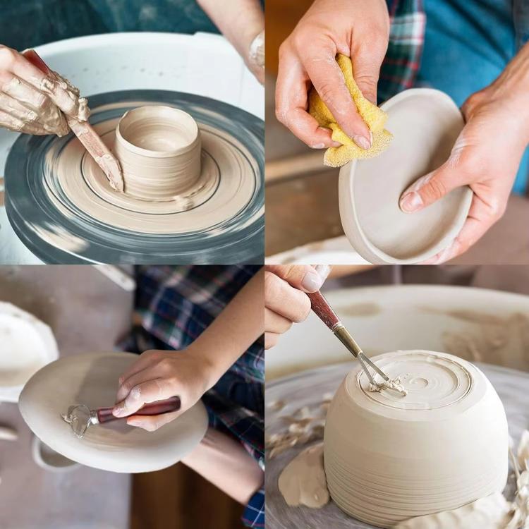 Ceramic pottery tools with rosewood handles used to carve clay on a pot