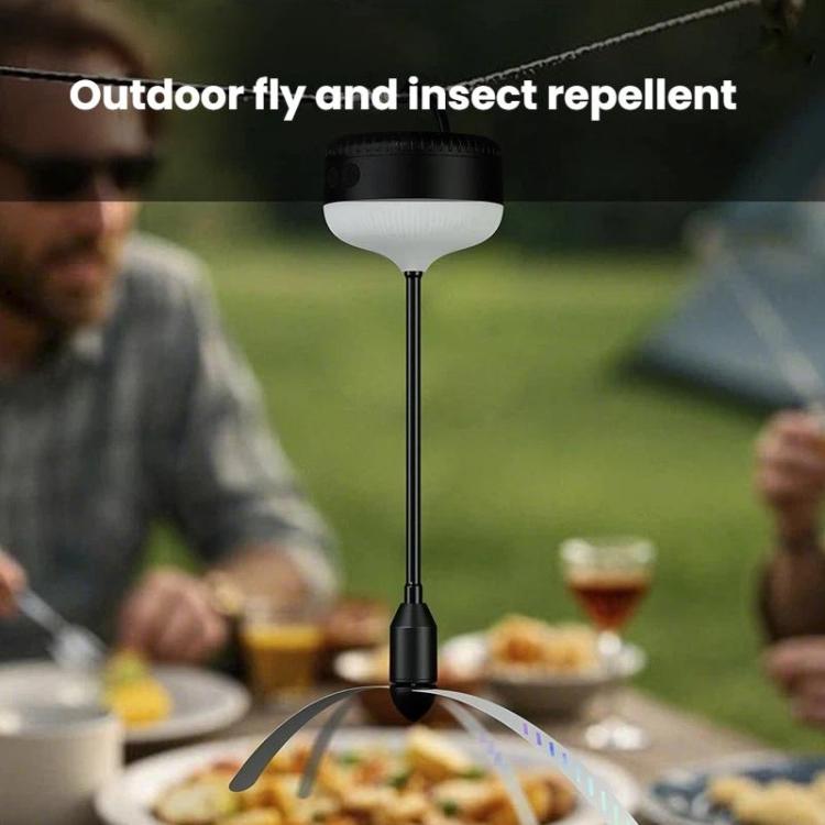 Mosquito repellent fan lamp in use outdoors with hanging-style design and white diffuser
