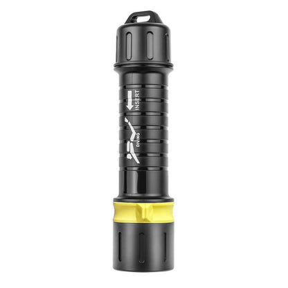 Black and yellow waterproof diving flashlight with handle and lanyard loop